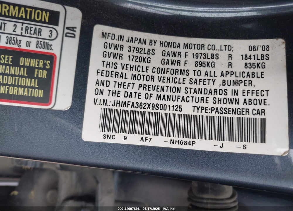 2009 HONDA CIVIC HYBRID VIN: JHMFA362X9S001125