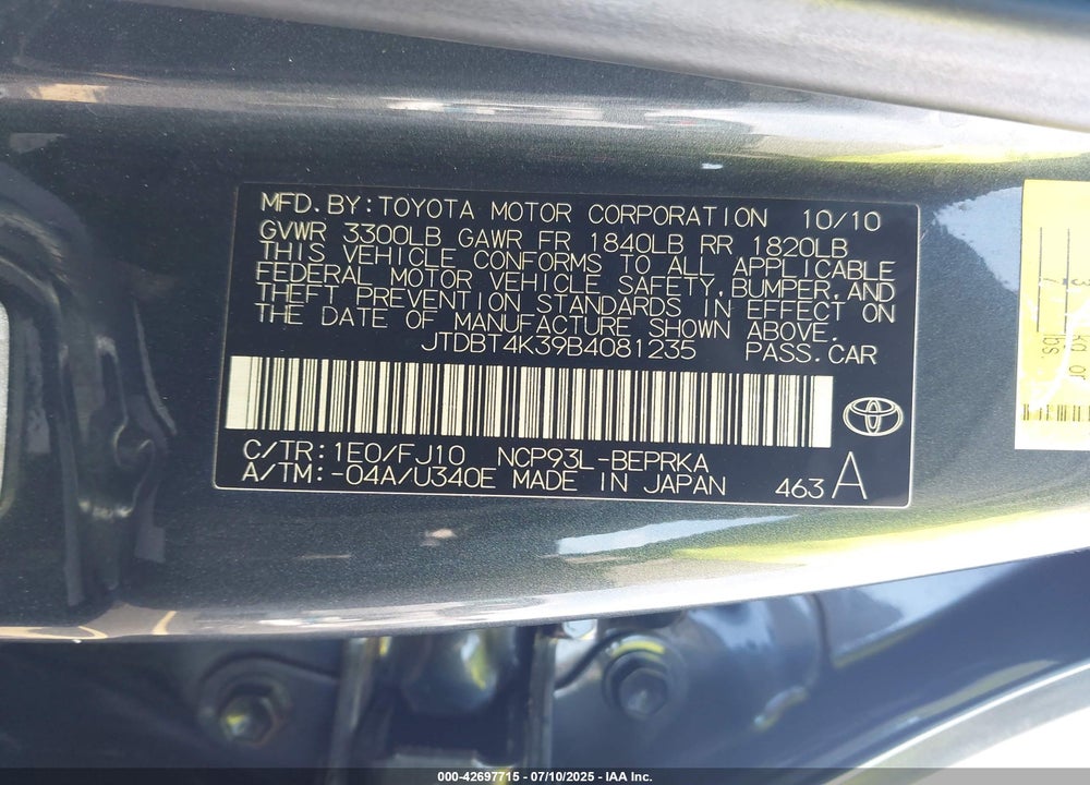2011 TOYOTA YARIS VIN: JTDBT4K39B4081235
