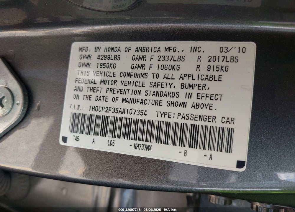 2010 HONDA ACCORD VIN: 1HGCP2F35AA107354
