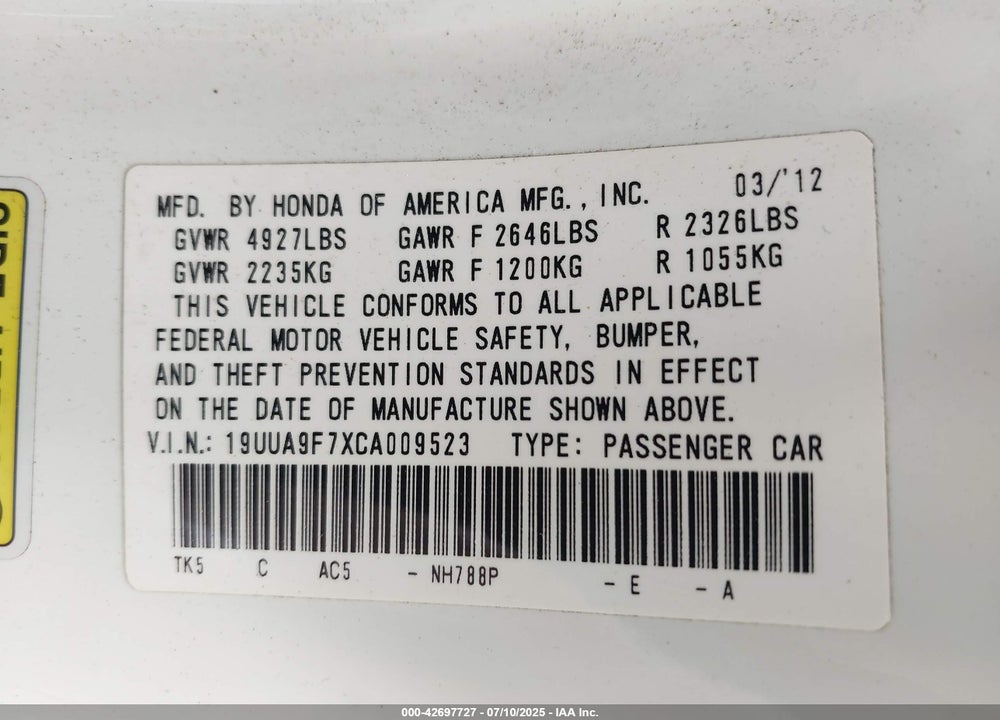 2012 ACURA TL VIN: 19UUA9F7XCA009523
