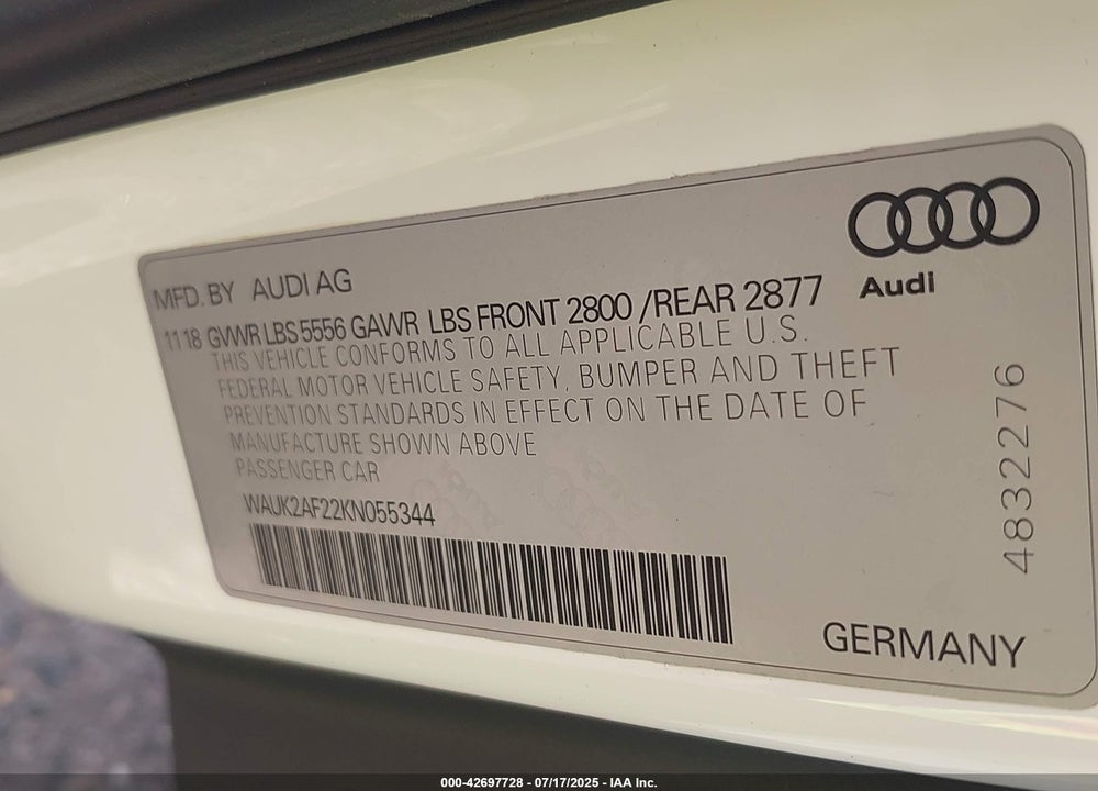 2019 AUDI A6 55 PREMIUM VIN: WAUK2AF22KN055344