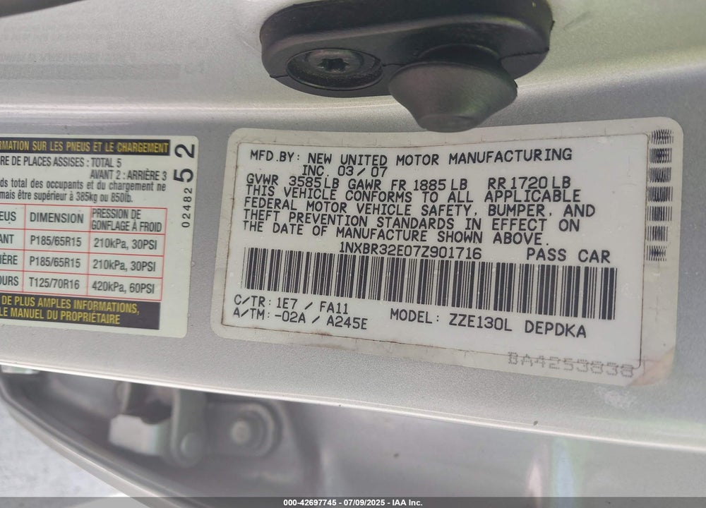 2007 TOYOTA COROLLA VIN: 1NXBR32E07Z901716