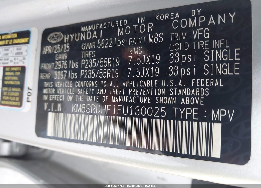 2015 HYUNDAI SANTA FE VIN: KM8SRDHF1FU130025