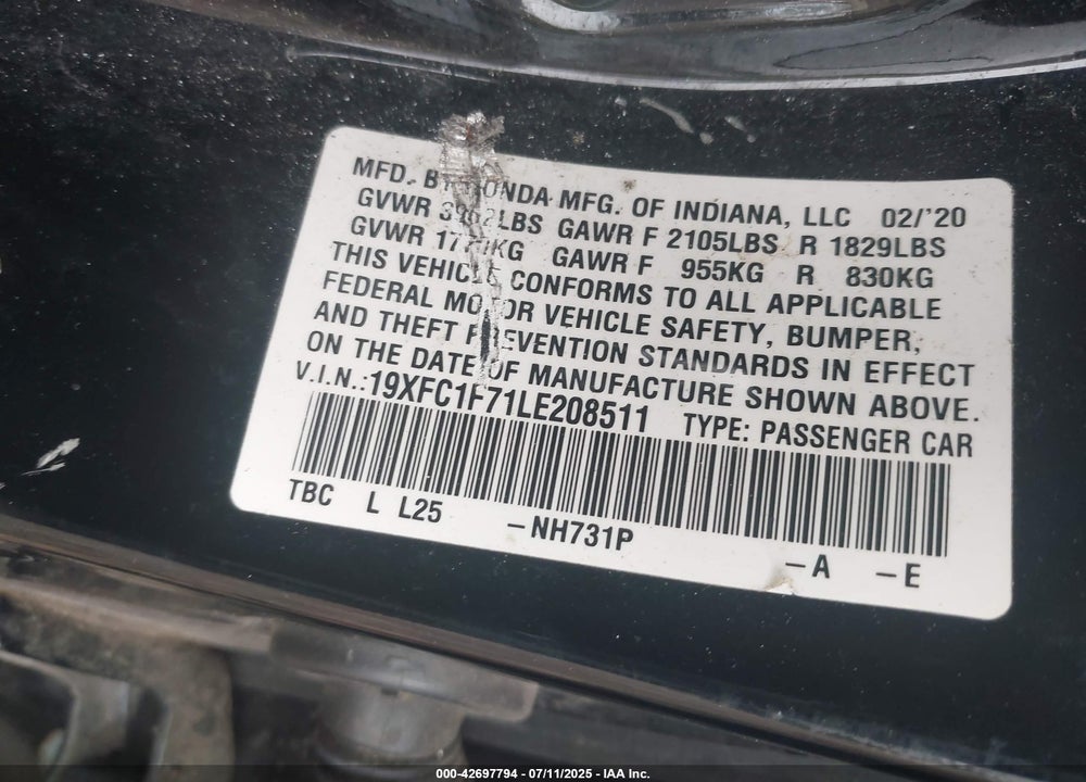 2020 HONDA CIVIC VIN: 19XFC1F71LE208511