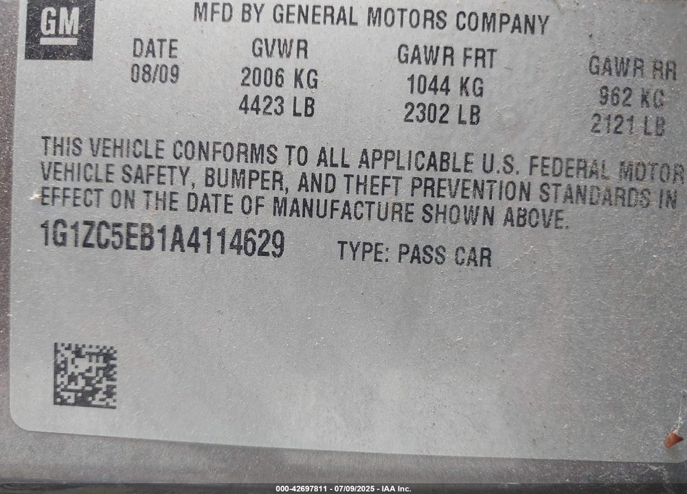 2010 CHEVROLET MALIBU VIN: 1G1ZC5EB1A4114629