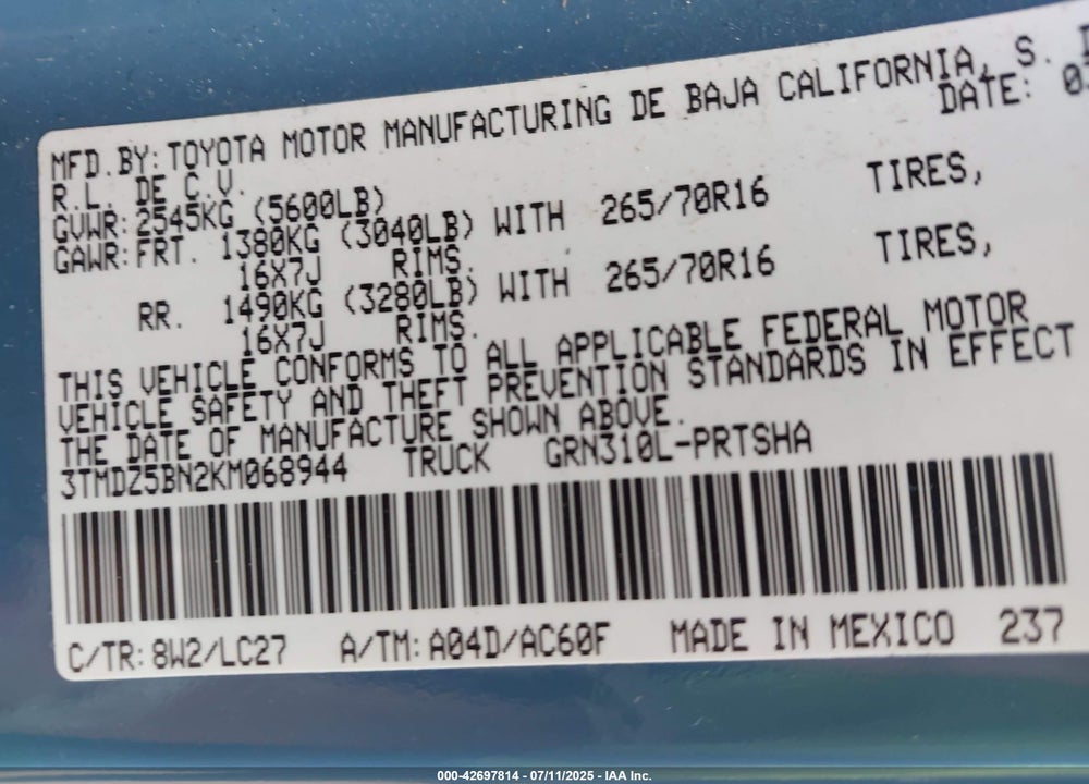 2019 TOYOTA TACOMA VIN: 3TMDZ5BN2KM068944