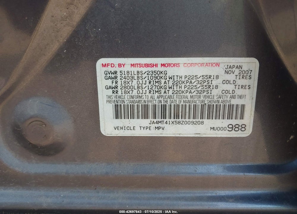 2008 MITSUBISHI OUTLANDER VIN: JA4MT41X58Z009208