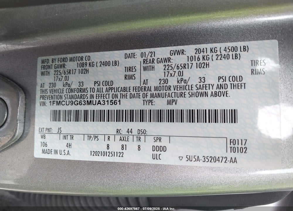 2021 FORD ESCAPE VIN: 1FMCU9G63MUA31561