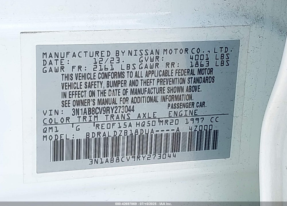 2024 NISSAN SENTRA VIN: 3N1AB8CV9RY273044