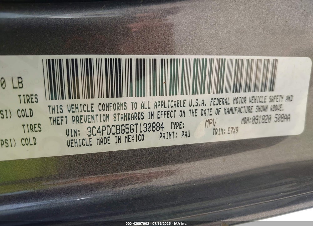 2016 DODGE JOURNEY VIN: 3C4PDCBG5GT130884