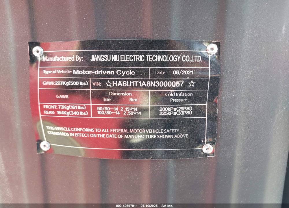 2022 NIU NQI GTS VIN: HA6U1T1A8N3000057