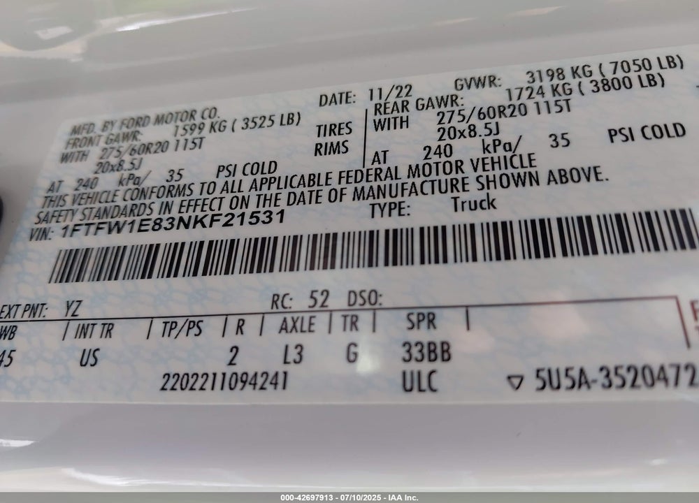 2022 FORD F-150 VIN: 1FTFW1E83NKF21531