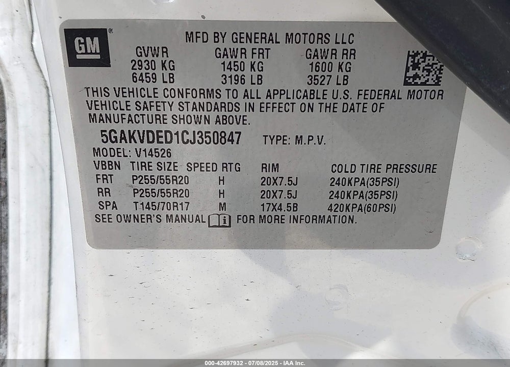 2012 BUICK ENCLAVE VIN: 5GAKVDED1CJ350847