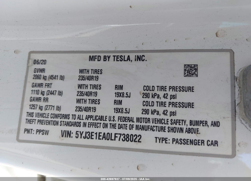 2020 TESLA MODEL 3 VIN: 5YJ3E1EA0LF738022