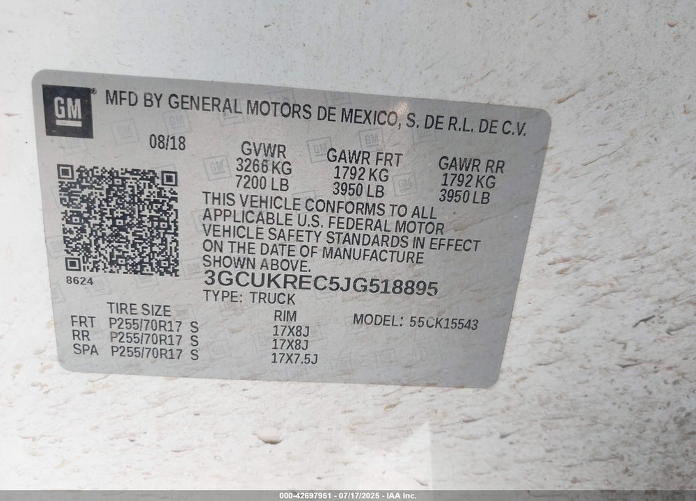 2018 CHEVROLET SILVERADO 1500 VIN: 3GCUKREC5JG518895