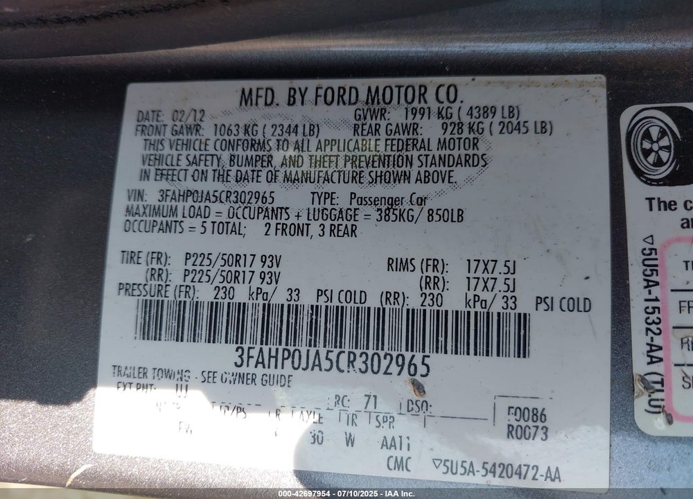 2012 FORD FUSION VIN: 3FAHP0JA5CR302965