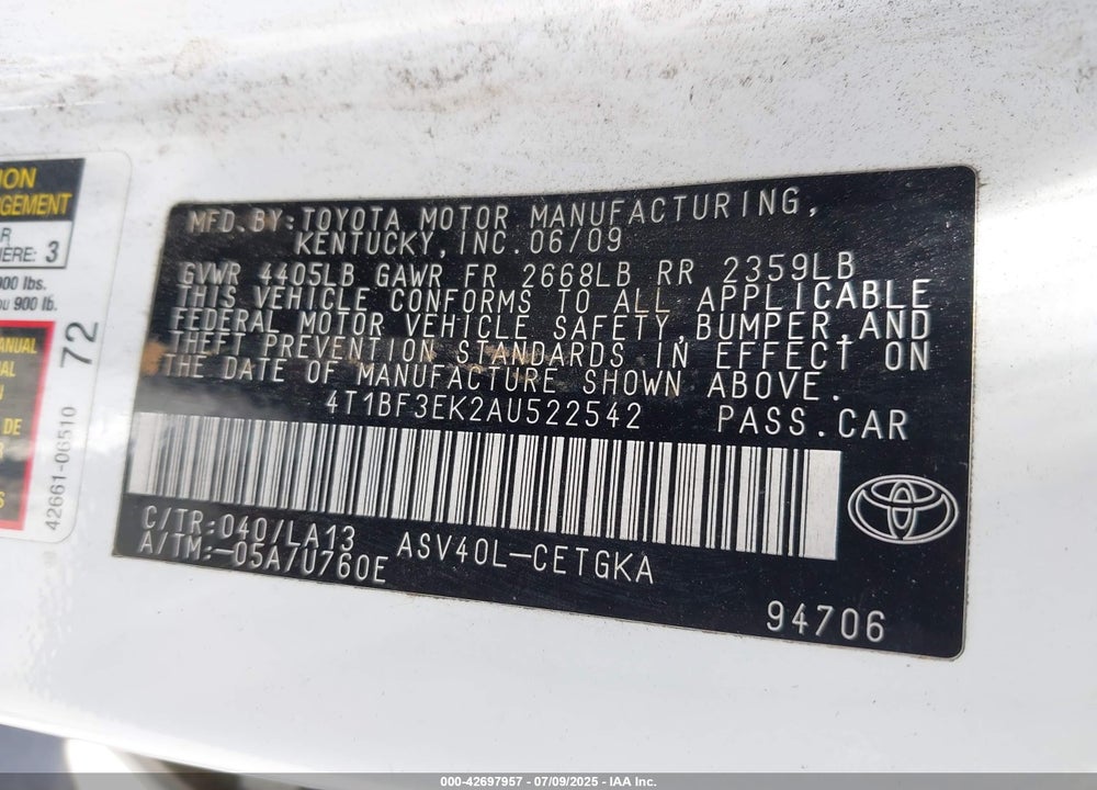 2010 TOYOTA CAMRY VIN: 4T1BF3EK2AU522542