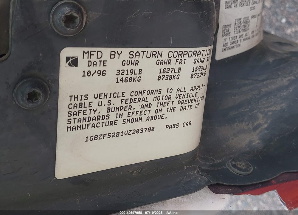 1997 SATURN SL VIN: 1G8ZF5281VZ203790