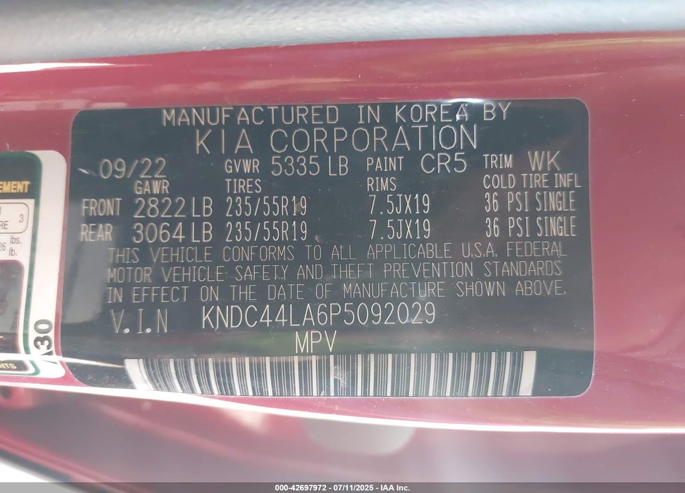 2023 KIA EV6 VIN: KNDC44LA6P5092029