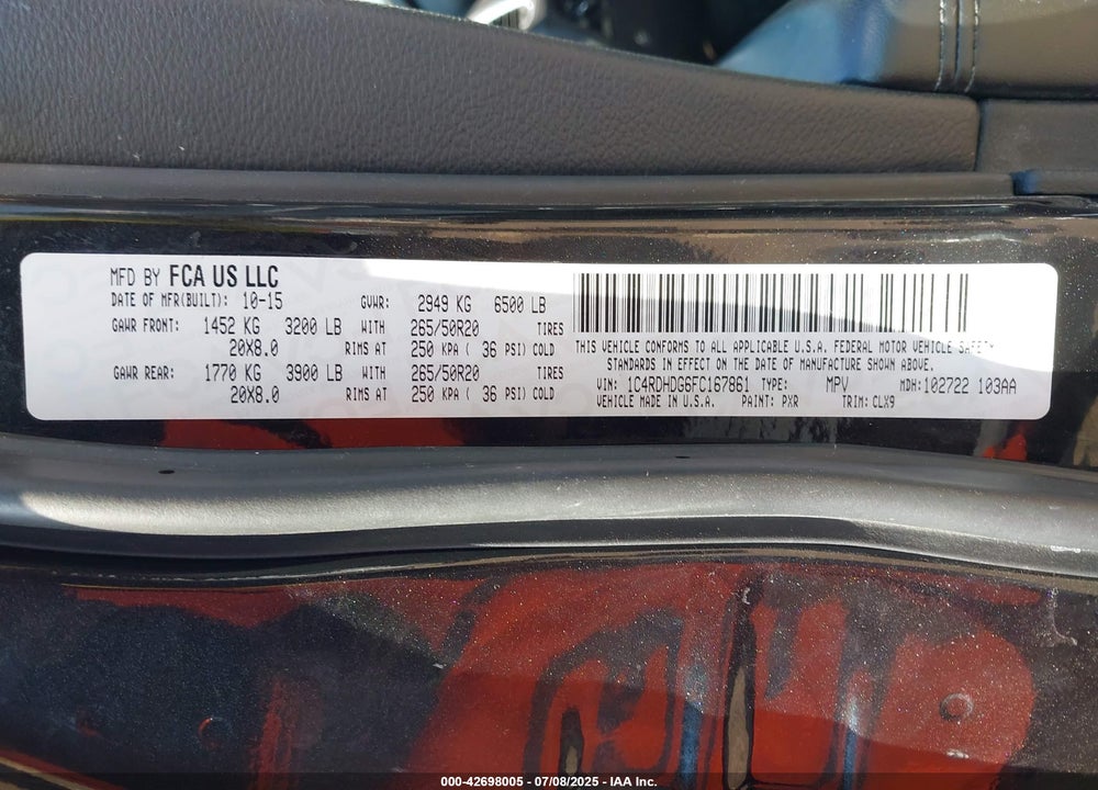 2015 DODGE DURANGO VIN: 1C4RDHDG6FC167861