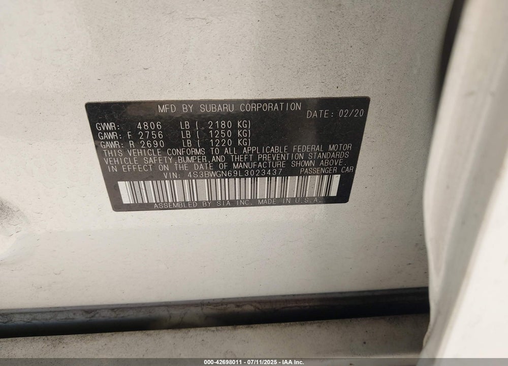 2020 SUBARU LEGACY VIN: 4S3BWGN69L3023437