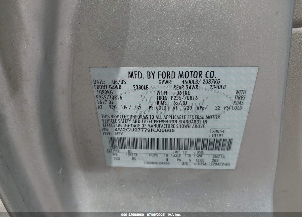 2009 MERCURY MARINER VIN: 4M2CU97779KJ00665