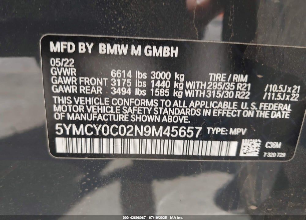2022 BMW X6 M VIN: 5YMCY0C02N9M45657