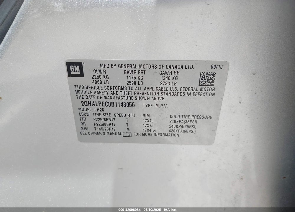 2011 CHEVROLET EQUINOX VIN: 2GNALPEC8B1143056