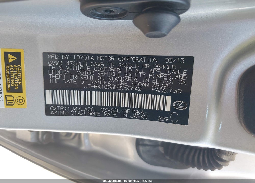 2013 LEXUS ES350 VIN: JTHBK1GG6D2052642
