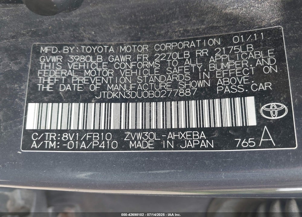 2011 TOYOTA PRIUS VIN: JTDKN3DU0B0277887