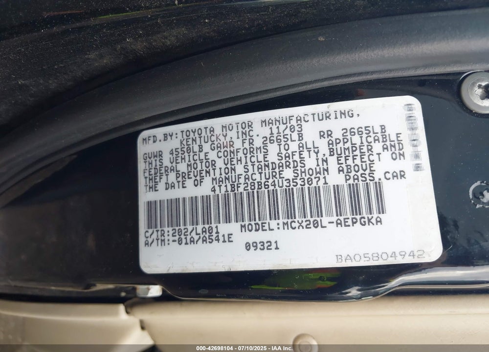 2004 TOYOTA AVALON XLS VIN: 4T1BF28B64U353071