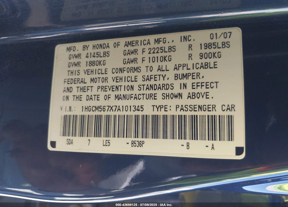 2007 HONDA ACCORD 2.4 EX VIN: 1HGCM567X7A101345