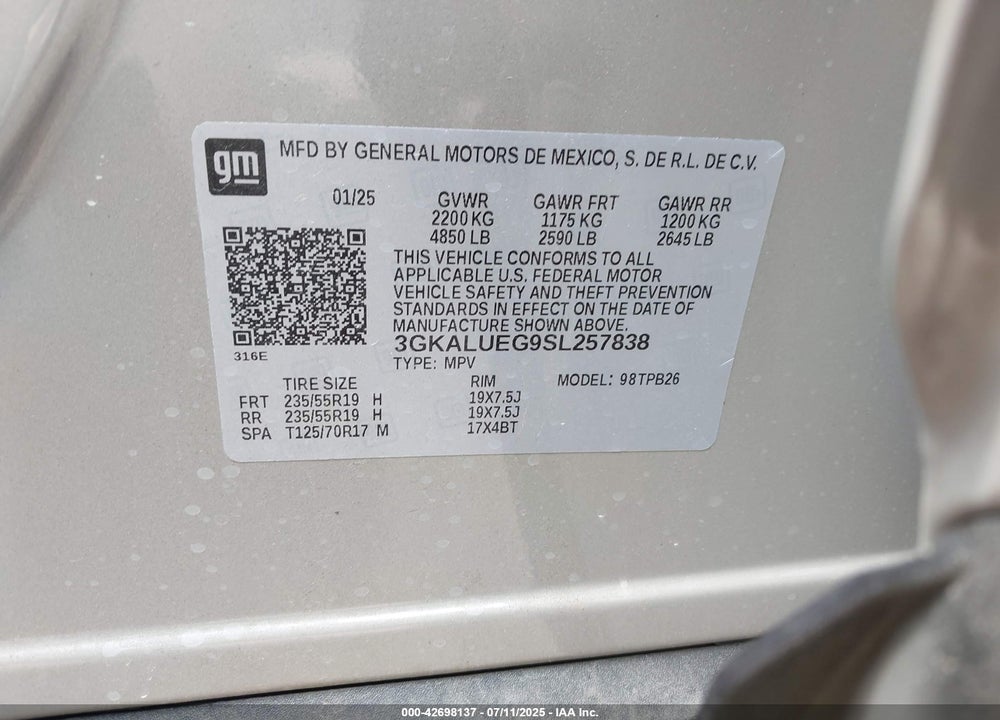2025 GMC TERRAIN VIN: 3GKALUEG9SL257838