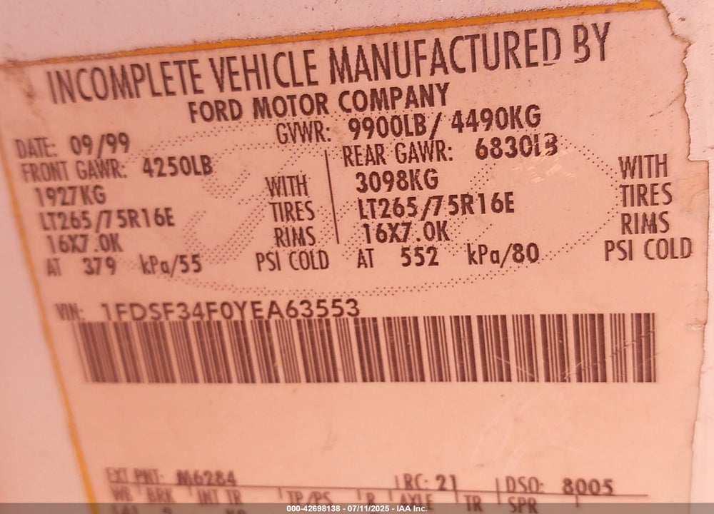 2000 FORD F-350 LARIAT/XL/XLT VIN: 1FDSF34F0YEA63553