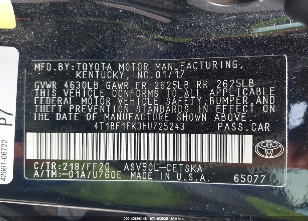 2017 TOYOTA CAMRY VIN: 4T1BF1FK3HU725243