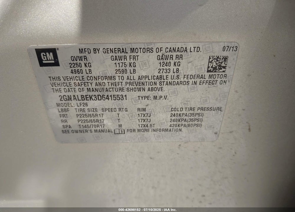 2013 CHEVROLET EQUINOX VIN: 2GNALBEK3D6415531