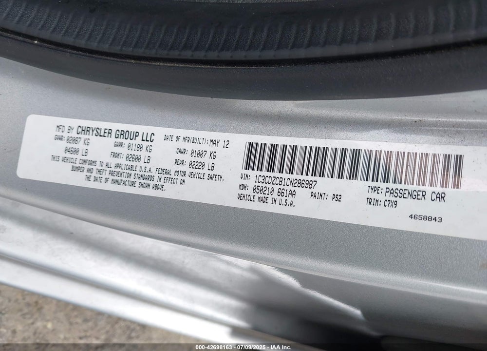2012 DODGE AVENGER VIN: 1C3CDZCB1CN286987