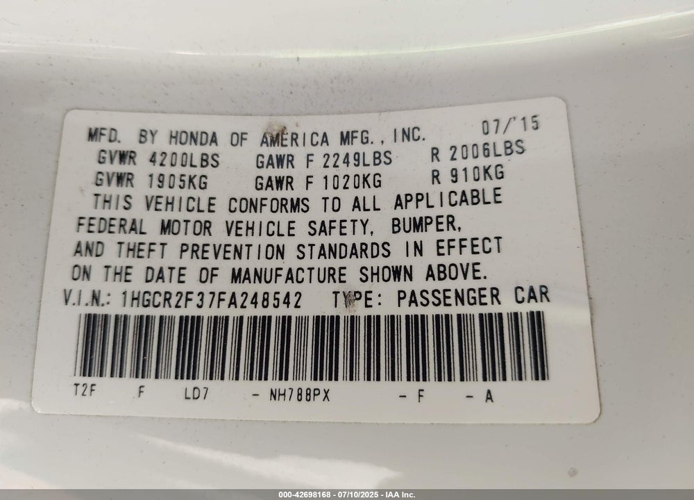 2015 HONDA ACCORD VIN: 1HGCR2F37FA248542