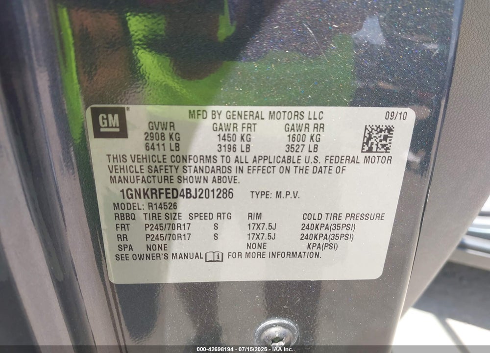 2011 CHEVROLET TRAVERSE VIN: 1GNKRFED4BJ201286