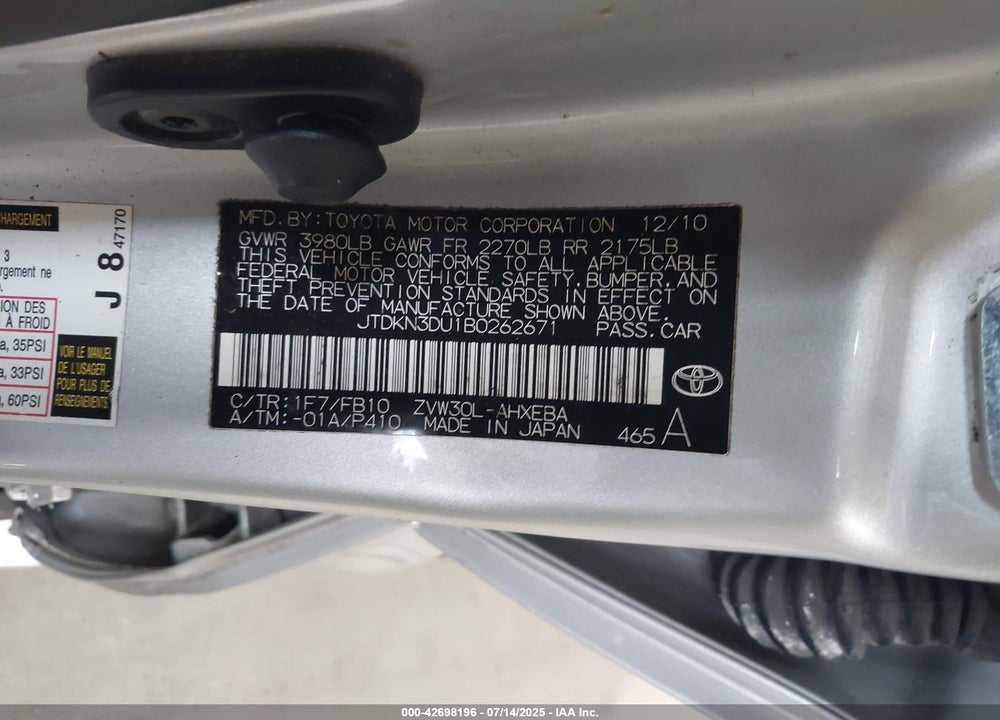 2011 TOYOTA PRIUS VIN: JTDKN3DU1B0262671