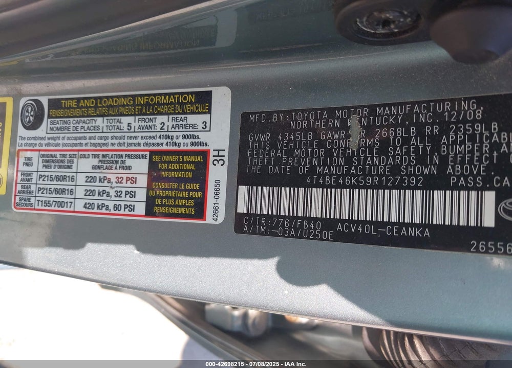 2009 TOYOTA CAMRY VIN: 4T4BE46K59R127392