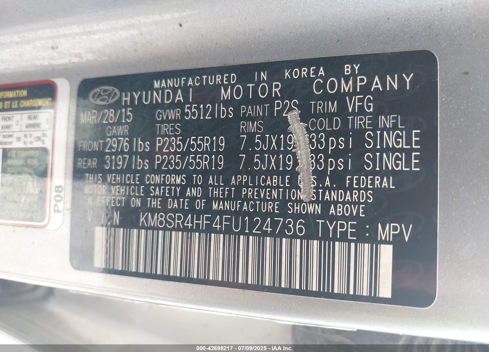 2015 HYUNDAI SANTA FE VIN: KM8SR4HF4FU124736
