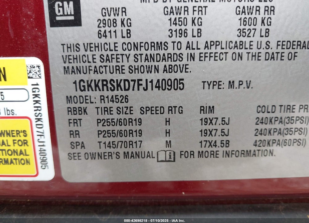 2015 GMC ACADIA VIN: 1GKKRSKD7FJ140905