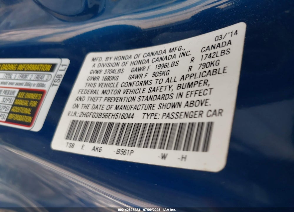 2014 HONDA CIVIC VIN: 2HGFG3B56EH516044