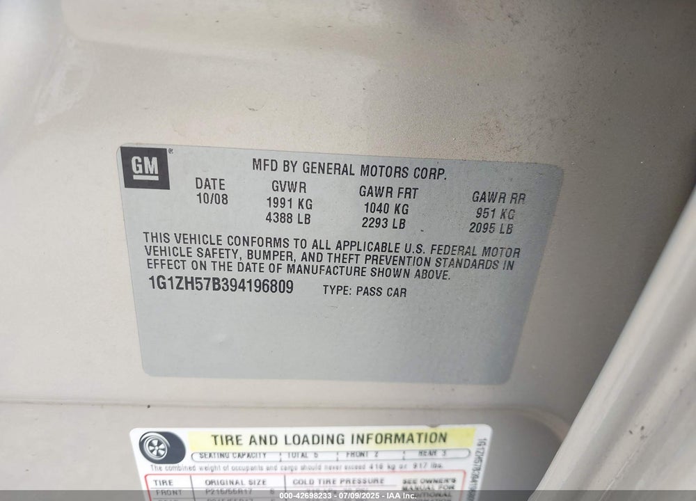 2009 CHEVROLET MALIBU VIN: 1G1ZH57B394196809