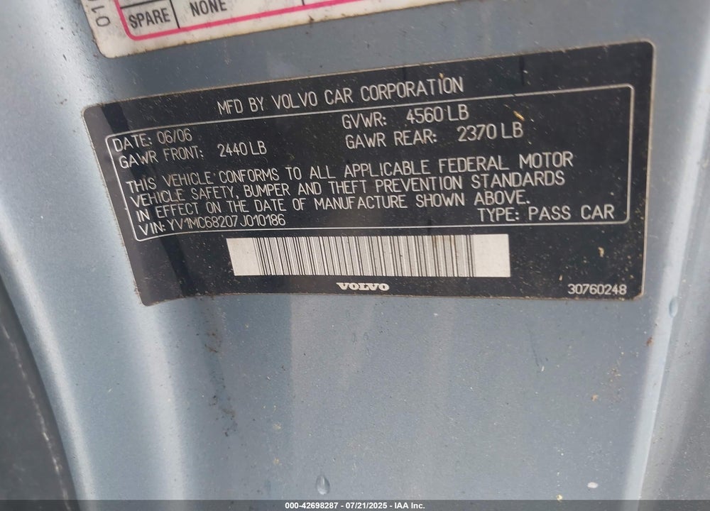 2007 VOLVO C70 VIN: YV1MC68207J010186