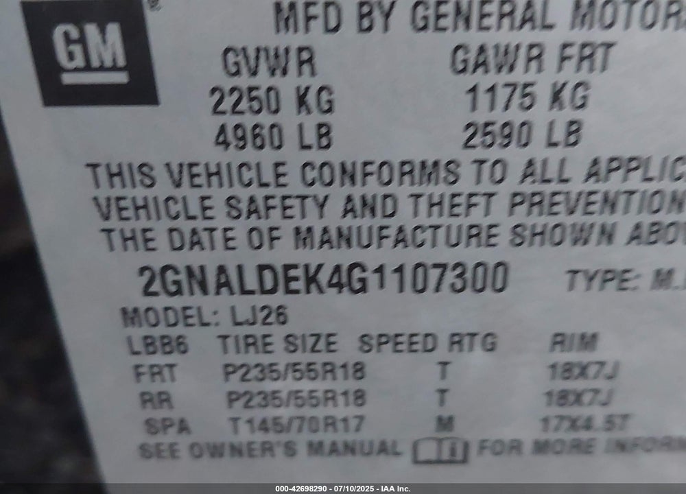 2016 CHEVROLET EQUINOX LTZ VIN: 2GNALDEK4G1107300