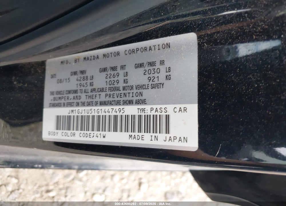 2016 MAZDA MAZDA6 VIN: JM1GJ1U51G1447495