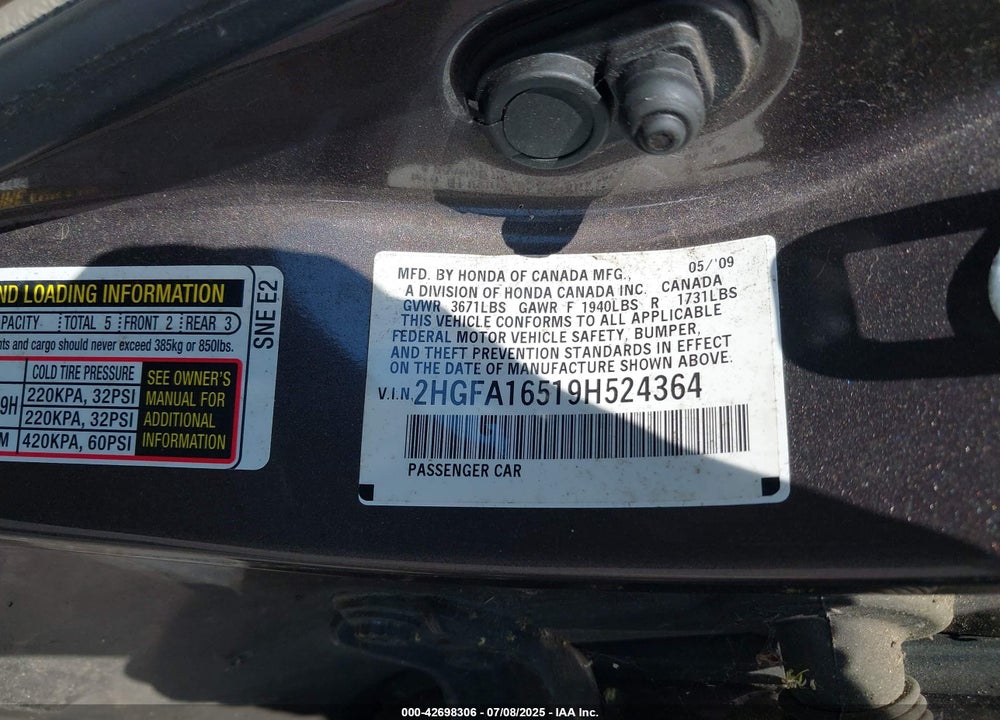 2009 HONDA CIVIC VIN: 2HGFA16519H524364