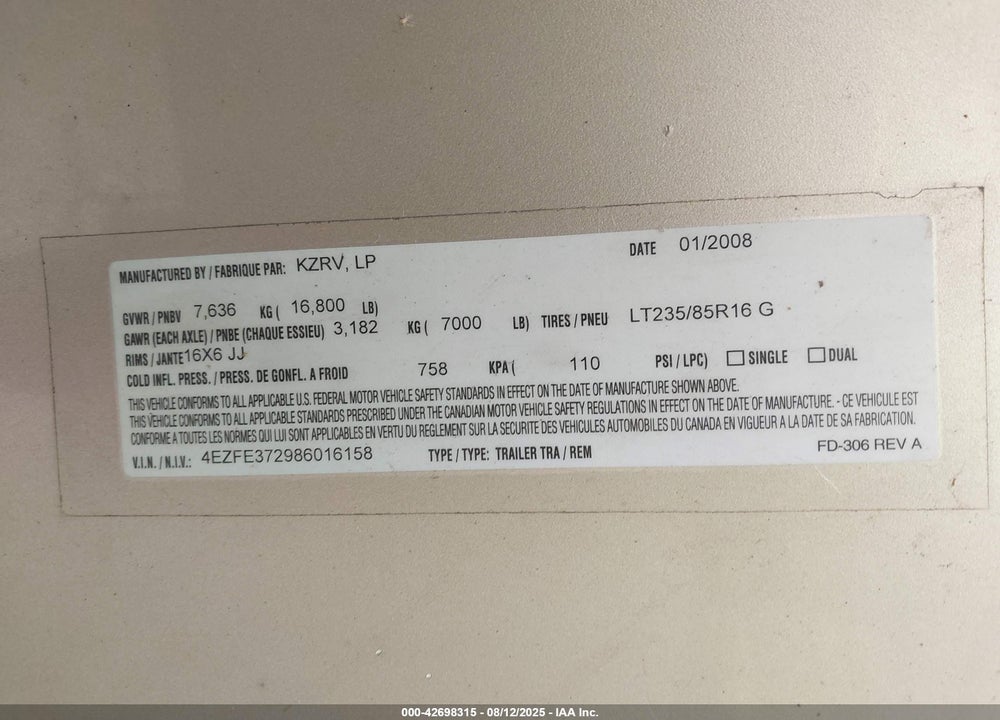 2008 KZ INC ESCALADE VIN: 4EZFE372986016158